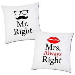 Coppia di federe per cuscini "Mr. Right + Mrs. Always Right"