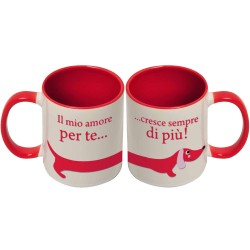 Set 2 tazze di coppia "Il mio amore per te cresce sempre di più" bassotto divertente, idea regalo per San Valentino!