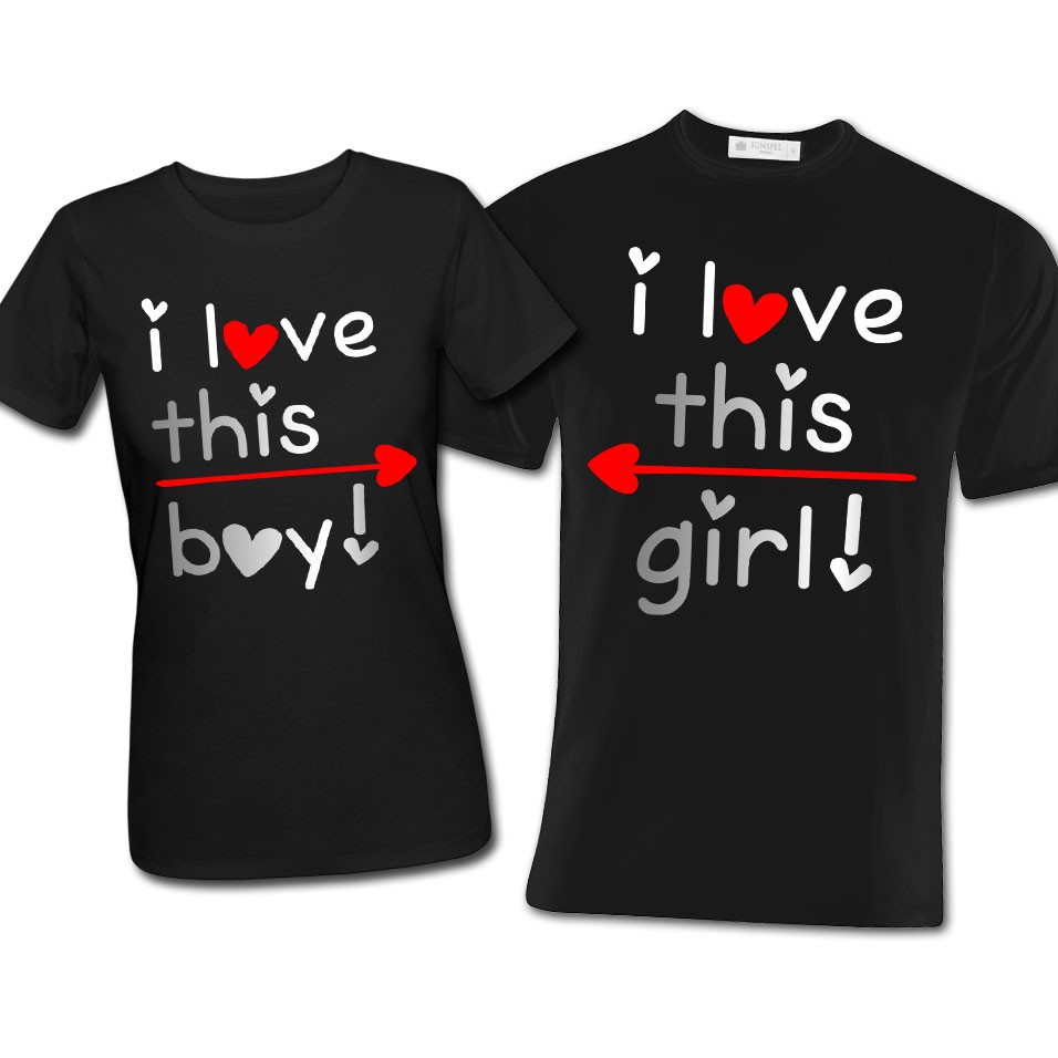 T-shirt di coppia lui e lei I love this girl / boy con stampa argento,  idea regalo per San Valentino!