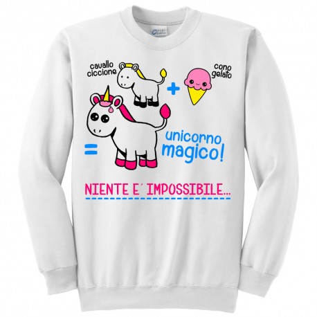 Felpa girocollo "Niente è impossibile" unicorno kawaii e cono gelato