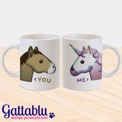 Set 2 tazze di coppia "You and me", unicorno e cavallo emoji