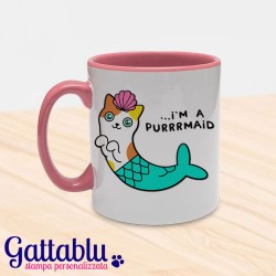 Tazza colorata "I'm a purrrmaid" gatto sirena, mermaid cat, rosa