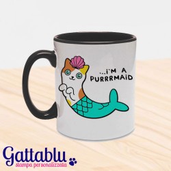 Tazza colorata "I'm a purrrmaid" gatto sirena, mermaid cat, nera