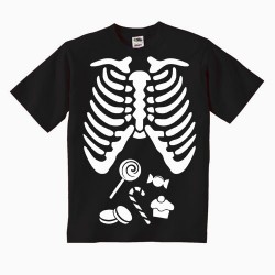 T-shirt bimbo e bimba Halloween, scheletro e dolcetti