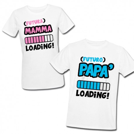 T-shirt di coppia lui e lei "Futura Mamma + Futuro Papà... Loading!"