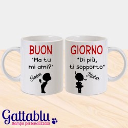 Set 2 tazze di coppia "Mi ami? Di più, ti sopporto", idea regalo divertente San Valentino PERSONALIZZABILE CON I VOSTRI NOMI