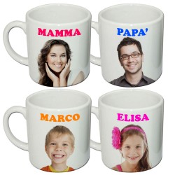 Set di 4 tazzine da caffè espresso famiglia PERSONALIZZABILI con le vostre foto ed i vostri nomi!