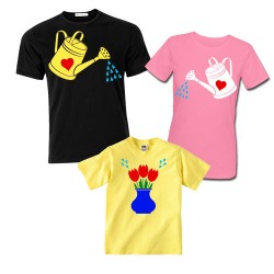 T-shirt colorate famiglia: mamma, papà e figlio/figlia "Vaso di fiori ed annaffiatoi"