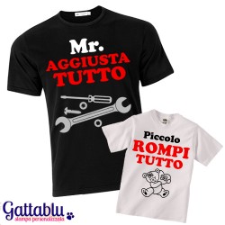 T-shirt di coppia papà e figlio "Mr. Aggiusta Tutto + Piccolo Rompi Tutto", idea regalo per la Festa del Papà