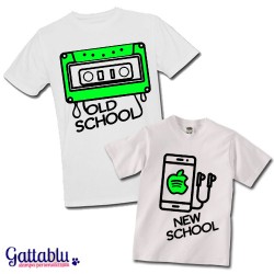 T-shirt di coppia papà e figlio "Old School vs New School: audiocassetta e smartphone", idea regalo per la Festa del Papà