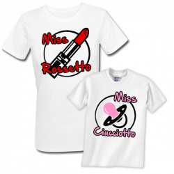 T-shirt di coppia mamma e figlia "Miss Rossetto + Miss Ciucciotto", divertente idea regalo per una mamma ed una bambina