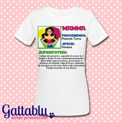 T-shirt donna "Superpoteri di Mamma: scheda da supereroina", idea regalo per la festa della mamma