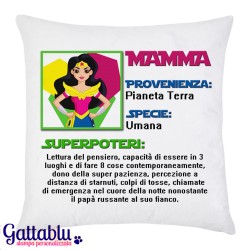 Federa per cuscino "Superpoteri di Mamma: scheda da supereroina", idea regalo per la festa della mamma