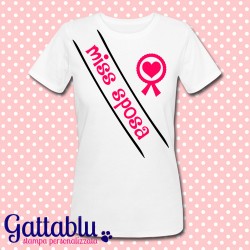 T-shirt donna "Miss Sposa" con stampa finta fascia e coccarda, Addio al Nubilato