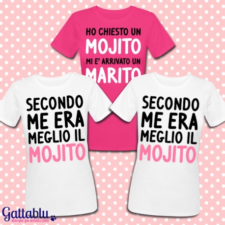 Set 3 t-shirt sposa e damigelle amiche Mojito Marito, Addio al Nubilato  (bianco e fucsia)