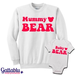 Felpa e body mamma e bebè bimba "Mummy / Baby Bear" mamma orsa, madre e figlia - stampa fucsia fluo