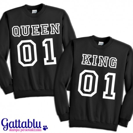 Coppia di felpe girocollo LUI e LEI "Queen + King", numeri personalizzabili!