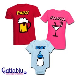 Set di famiglia: t-shirt mamma e papà + body bebè bimbo Birra, Cocktail e Biberon