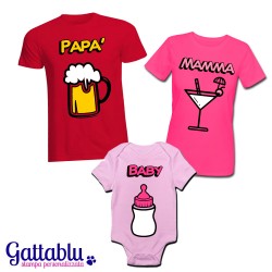 Set di famiglia: t-shirt mamma e papà + body bebè bimba Birra, Cocktail e Biberon