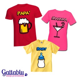 Set di famiglia: t-shirt mamma e papà + body bebè bimba Birra, Cocktail e Biberon