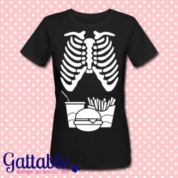 T-shirt donna "Skeleton JunkFood", scheletro panino e patatine divertente, Halloween