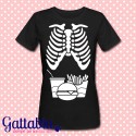 T-shirt donna "Skeleton JunkFood", scheletro panino e patatine divertente, Halloween