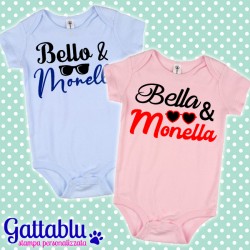 Coppia di body / pagliaccetti neonati, azzurro e rosa, bimbi, bebè, gemelli "Belli e monelli"