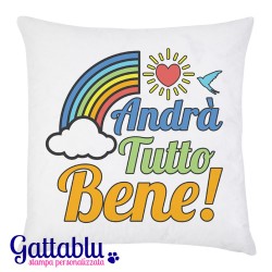 Federa per cuscino con stampa Andrà tutto bene! Arcobaleno, frasi motivazionali, felicità, ottimismo! 