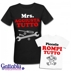 T-shirt di coppia mamma e figlio "Mrs. Aggiusta Tutto + Piccolo Rompi Tutto", idea regalo per la Festa della Mamma!