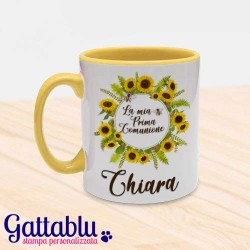 Tazza mug 11 oz La mia Prima Comunione, api e girasoli, PERSONALIZZABILE CON NOME