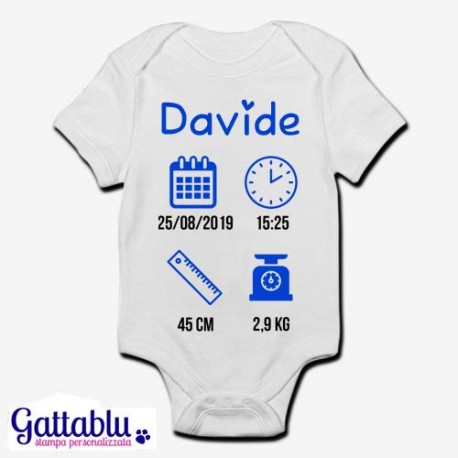 Body pagliaccetto neonato, bimbo, PERSONALIZZATO con NOME, DATA E ORA DI NASCITA, ALTEZZA E PESO! Per Battesimo o nascita!