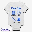 Body pagliaccetto neonato, bimbo, PERSONALIZZATO con NOME, DATA E ORA DI NASCITA, ALTEZZA E PESO! Per Battesimo o nascita!