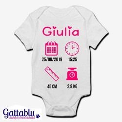 Body pagliaccetto neonato, bimba, PERSONALIZZATO con NOME, DATA E ORA DI NASCITA, ALTEZZA E PESO! Per Battesimo o nascita!