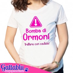 T-shirt Bomba di Ormoni, trattare con cautela, idea regalo divertente per gravidanza! Scritte fucsia!