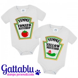 Coppia di body pagliaccetti neonati Ketchup e Mostarda divertenti! Bimbi e bimbe, gemelli o gemelle!