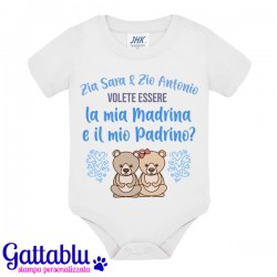 Body neonato, bimbo e bimba, Zia e Zio volete essere la mia Madrina e il mio Padrino? PERSONALIZZABILE CON I NOMI! In blu!