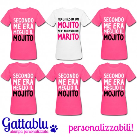 Pacchetto 6 t-shirt Addio al Nubilato Mojito Marito, sposa e 5 amiche, PERSONALIZZABILI COME VUOI! Pink version.