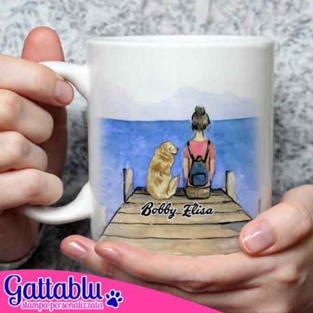 Tazza mug 11 oz Dog Love, ragazza e cagnolino, PERSONALIZZATA CON I VOSTRI  NOMI, RAZZA CANE, CAPELLI!