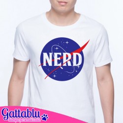 T-shirt uomo NERD, logo Nasa inspired divertente! Bianca!