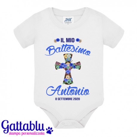 Body neonato bimbo Il mio Battesimo PERSONALIZZATO CON NOME E DATA, croce di fiori!