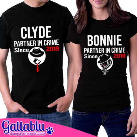 T-shirt di coppia lui e lei Bonnie e Clyde Partner in crime since PERSONALIZZATE CON ANNO, ANNIVERSARIO O MATRIMONIO! Nere!