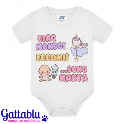 Body bimba Ciao Mondo! Eccomi! Sono... PERSONALIZZATO CON NOME! Regalo per nascita bebè, unicorno kawaii!