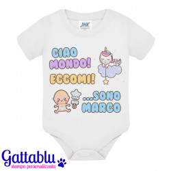Body bimbo Ciao Mondo! Eccomi! Sono... PERSONALIZZATO CON NOME! Regalo per nascita bebè, unicorno kawaii!