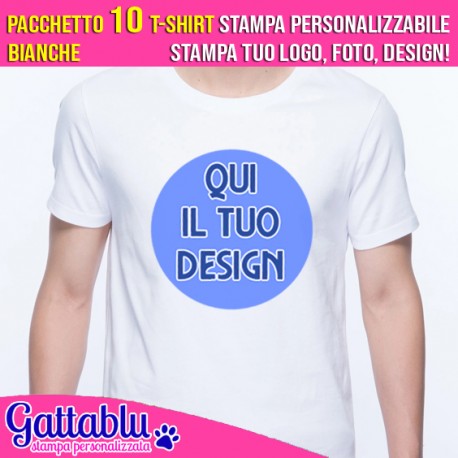 Pacchetto 10 t-shirt uomo CON STAMPA PERSONALIZZABILE, stampa tuo logo, foto, design! Colore bianco.