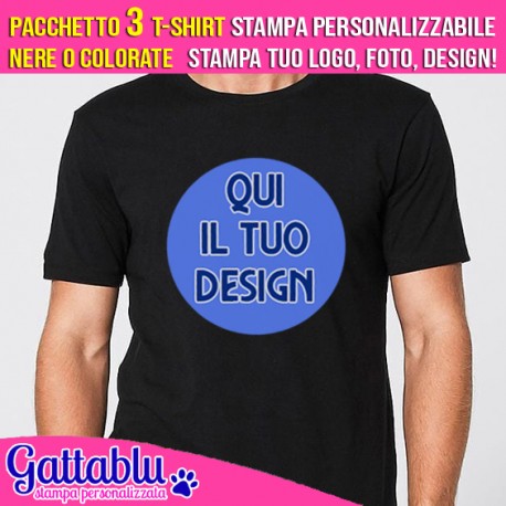 Pacchetto 3 t-shirt uomo CON STAMPA PERSONALIZZABILE, stampa tuo logo, foto, design! SCEGLI I COLORI!