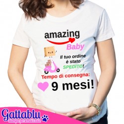 T-shirt donna Amazing Baby, ordine spedito! Tempo di consegna 9 mesi! Regalo per gravidanza, futura mamma di bimba!