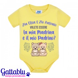 Body neonato, bimbo e bimba, Zia e Zio volete essere la mia Madrina e il mio Padrino? PERSONALIZZABILE CON I NOMI! Giallo!