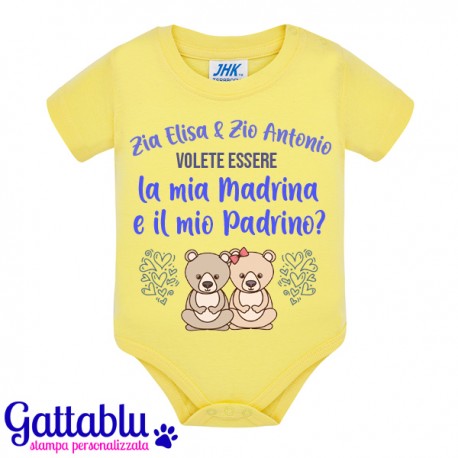 Body neonato, bimbo e bimba, Zia e Zio volete essere la mia Madrina e il mio Padrino? PERSONALIZZABILE CON I NOMI! Giallo!