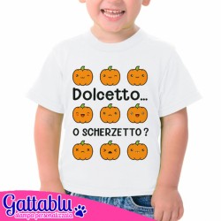 T-shirt bimbo e bimba Dolcetto o scherzetto, zucche divertenti di Halloween! Bianca!