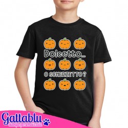 T-shirt bimbo e bimba Dolcetto o scherzetto, zucche divertenti di Halloween! Nera!